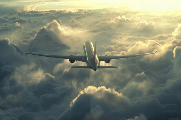 há um grande avião voando através das nuvens no céu generativo ai