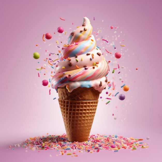 Há um grande cone de sorvete com salpicaduras e doces generativos ai