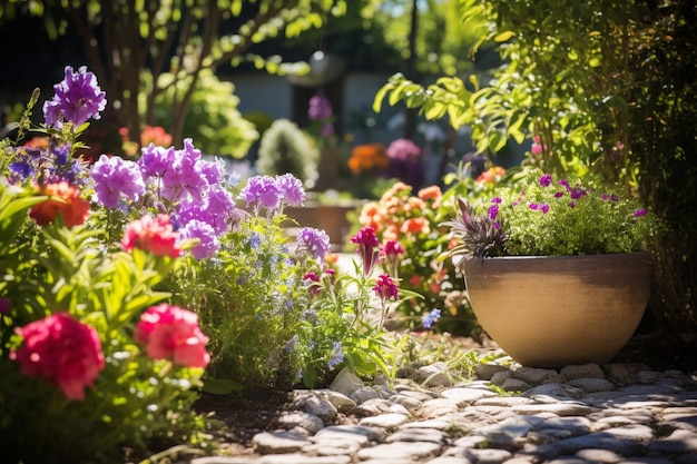 há um grande pote com flores nele sentado em um caminho de pedra generativo ai