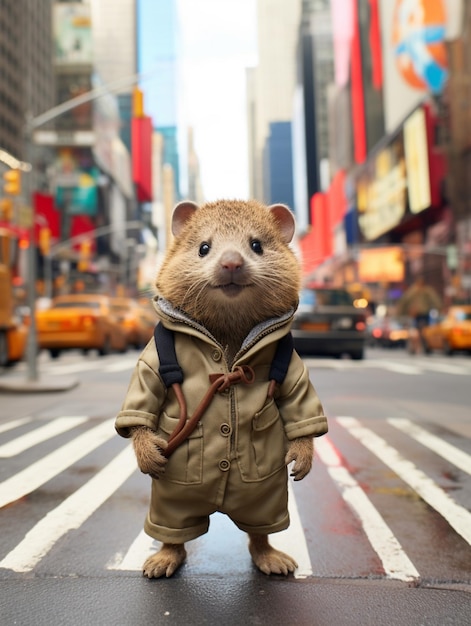 Foto há um hamster que está de pé na rua.