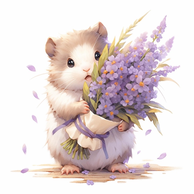 Há um hamster segurando um ramo de flores em suas patas generativas ai