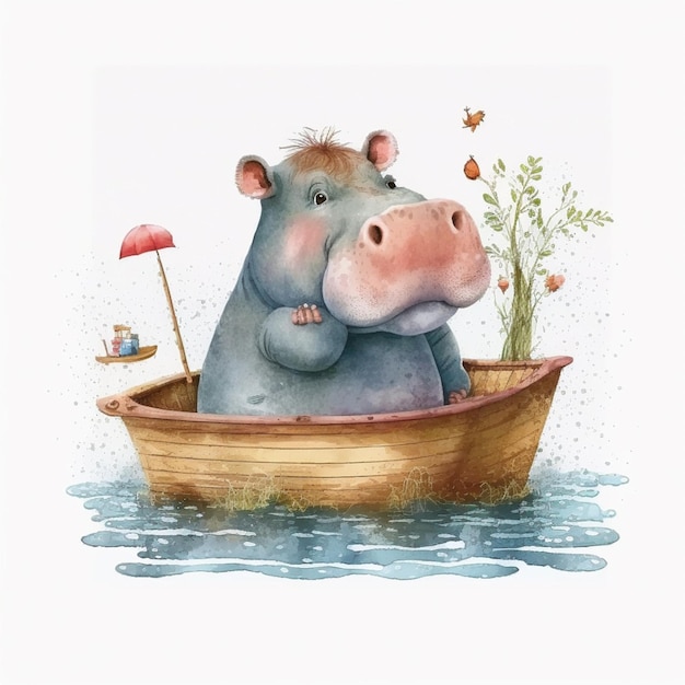 Há um hipopótamo num barco com um pássaro e uma planta generativa ai