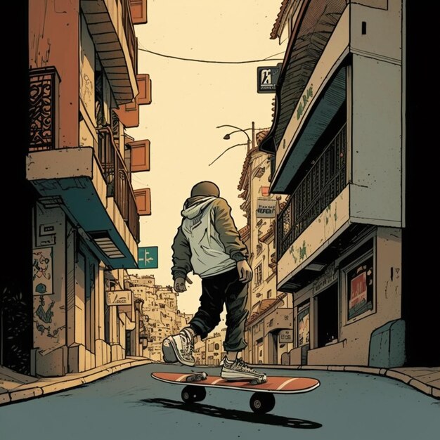 Há um homem a andar de skate numa rua.