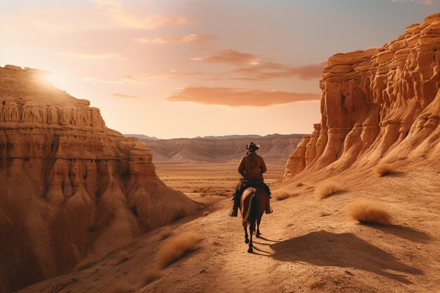 Foto há um homem a cavalo no deserto.