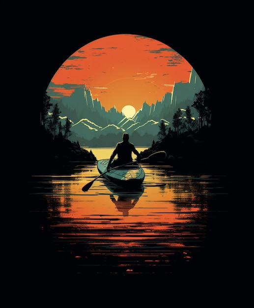 Há um homem a remar um barco num lago ao pôr-do-sol.