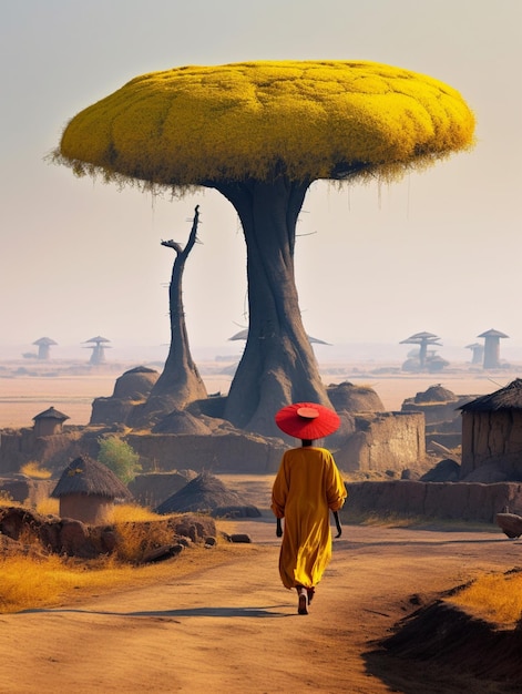 Há um homem andando por uma estrada de terra com um chapéu vermelho generativo ai