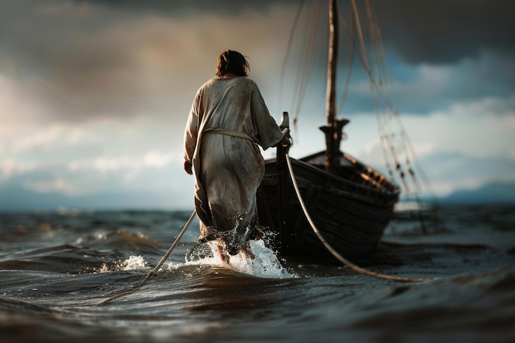 Foto há um homem caminhando sobre a água com um barco no fundo generativo ai