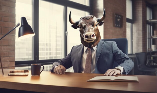 Foto há um homem de fato e gravata sentado em uma mesa com uma máscara de vaca na cabeça.