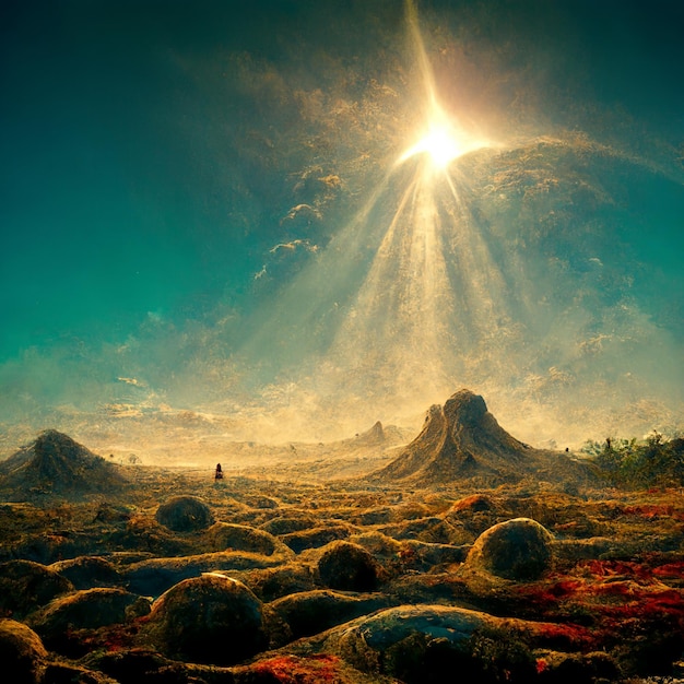 Há um homem de pé em um campo de rochas com o sol brilhando generativo ai
