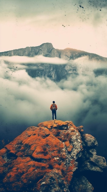 Foto há um homem de pé em uma rocha olhando para as nuvens generativo ai