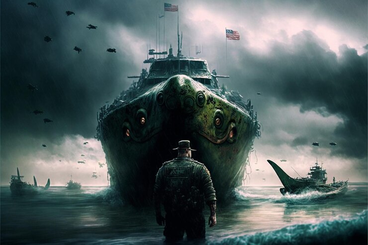 Foto há um homem de pé na frente de um barco com um polvo gigante nele.