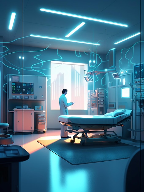 Foto há um homem de pé num quarto de hospital com uma cama generativa.