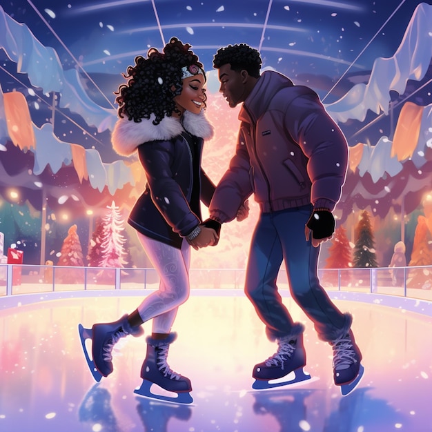 Há um homem e uma mulher a patinar numa pista de patinação juntos.