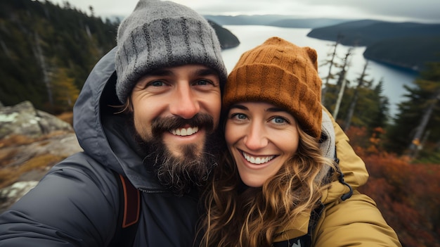 há um homem e uma mulher tirando uma selfie em uma montanha IA generativa