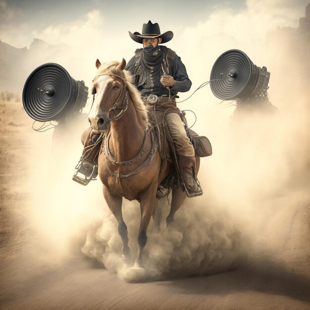 Foto há um homem montando um cavalo com um lasset em suas costas generativo ai