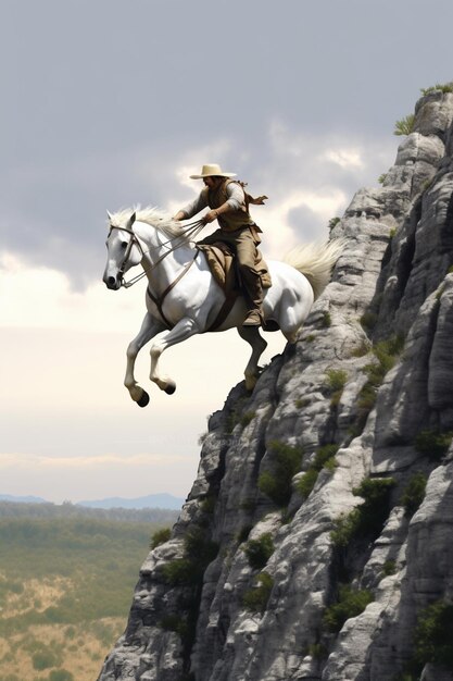 Foto há um homem montando um cavalo em um penhasco rochoso generativo ai