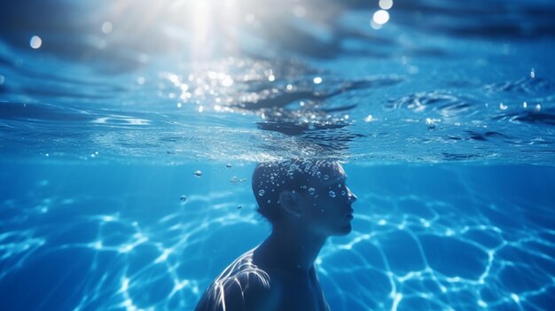 Há um homem nadando numa piscina com o sol a brilhar através da água.