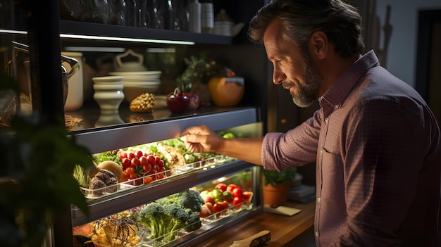 há um homem olhando para uma exibição de comida IA generativa