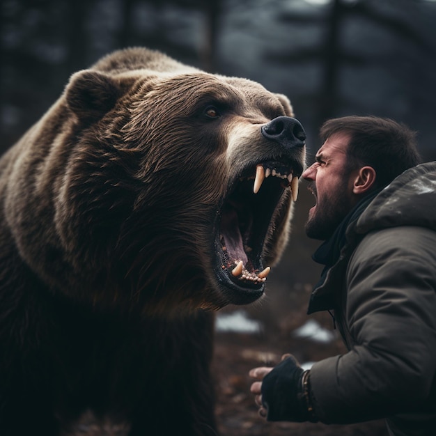 Há um homem que está de pé ao lado de um urso generativo ai