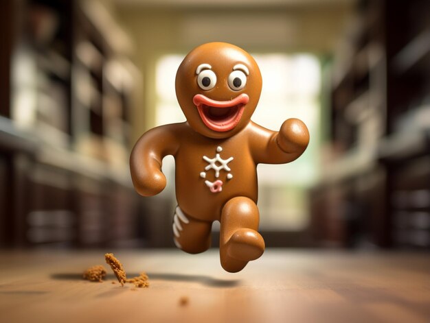 Foto há um homem ruivo de brinquedo a correr numa biblioteca.