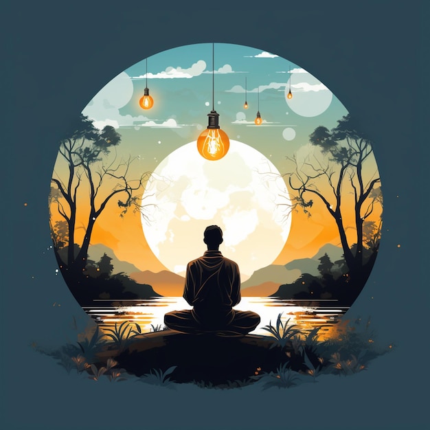 há um homem sentado em posição de meditação em frente a uma lua cheia ai generativa