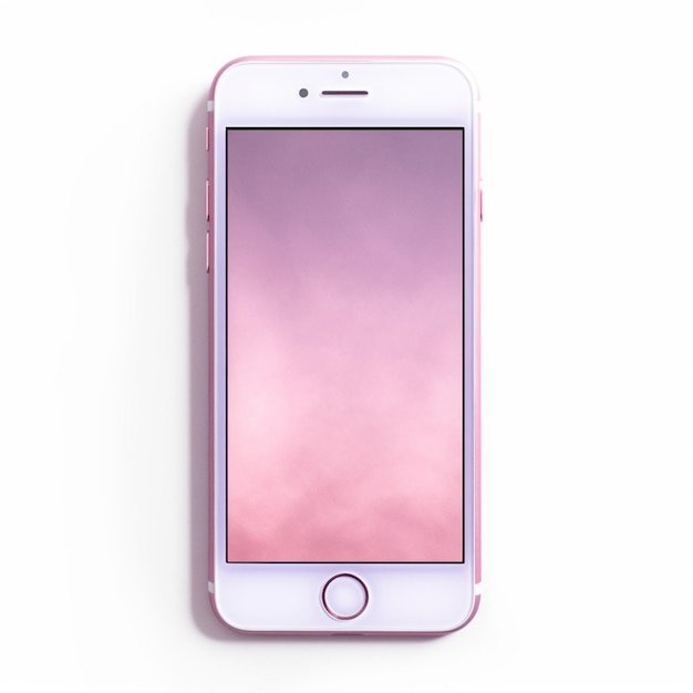 Há um iphone rosa com uma tela rosa em uma superfície branca generativa ai