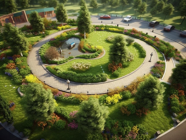 Há um jardim circular com uma fonte e muitas árvores generativas ai