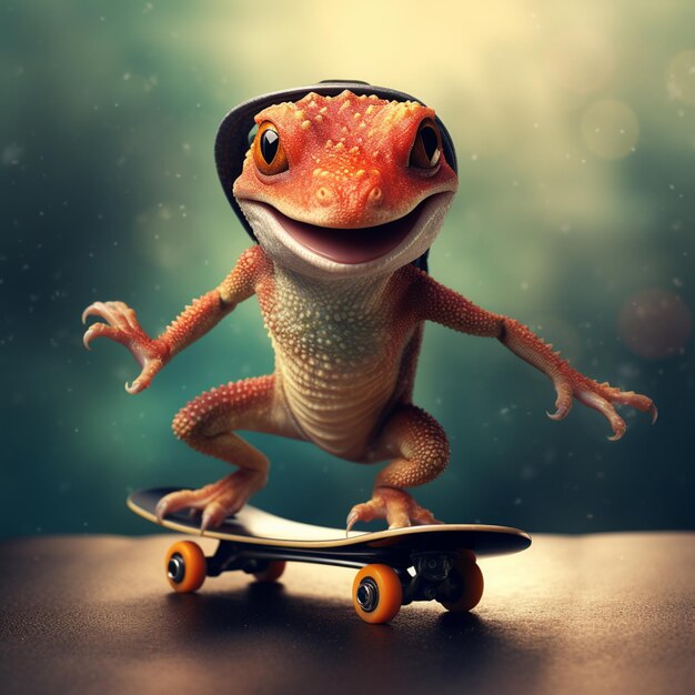 Foto há um lagarto que está a andar de skate numa mesa.