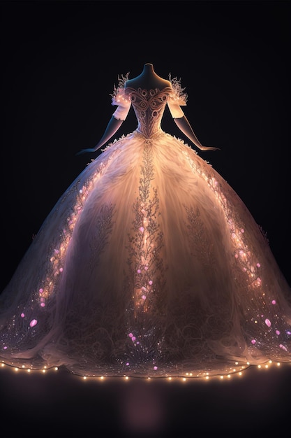 Há um lindo vestido de noiva sintético de cristal de organza Generative Ai