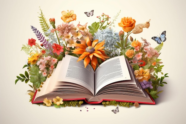 Há um livro aberto com flores e borboletas nele.