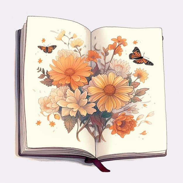 há um livro aberto com um desenho de flores e borboletas generativo ai