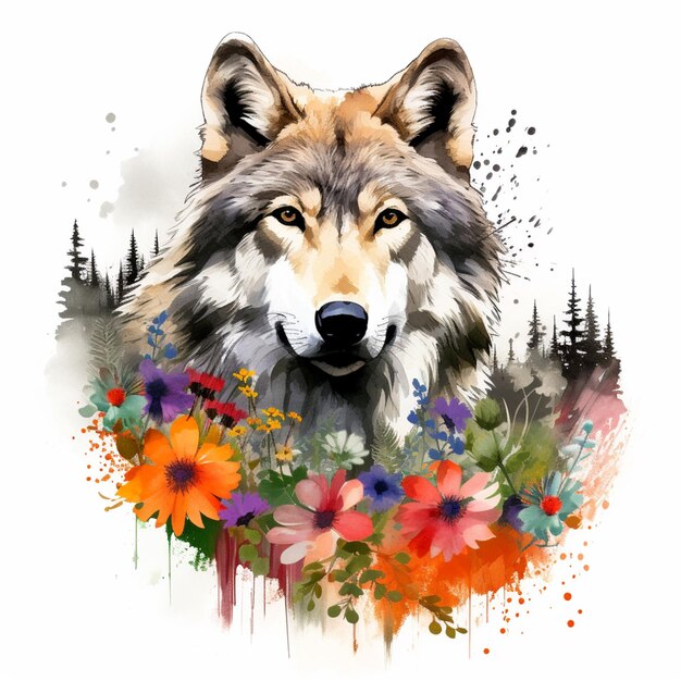 Há um lobo com flores e árvores no fundo generativo ai