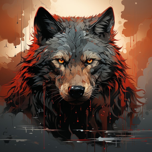 Há um lobo com sangue a gotejar pelo rosto.
