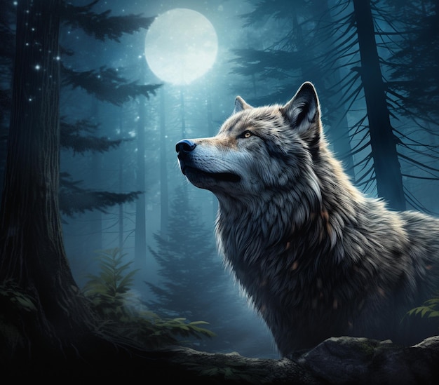 Há um lobo de pé na floresta à noite generativo ai