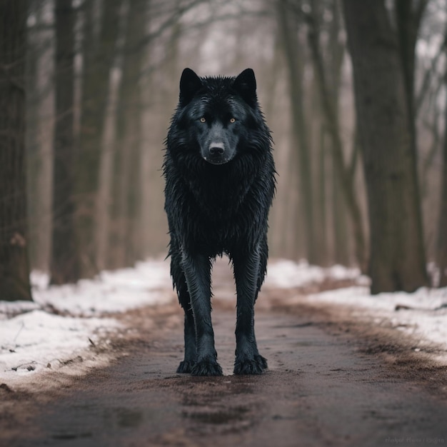 Há um lobo preto caminhando por uma estrada de terra na floresta.