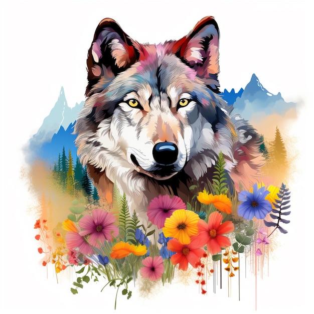 Há um lobo que está de pé na grama com flores generativas ai