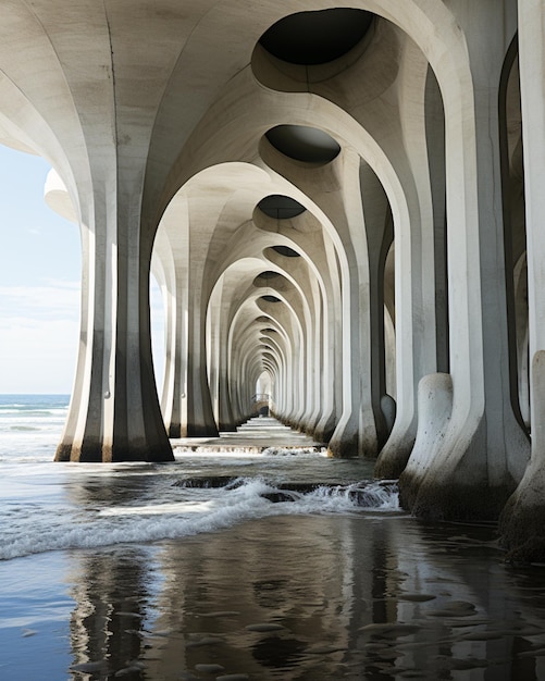 Foto há um longo túnel de pilares de concreto com uma prancha de surf na água geradora de ai