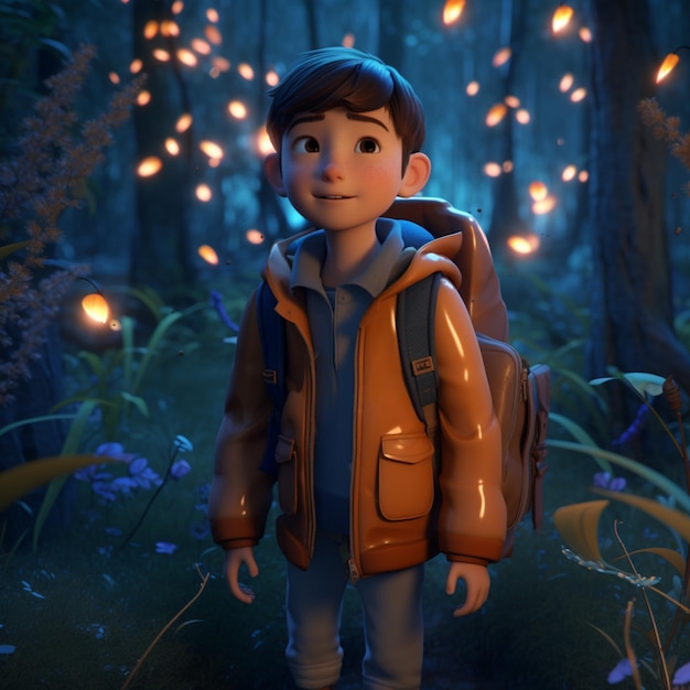 Há um menino parado em uma floresta com uma mochila generativa ai