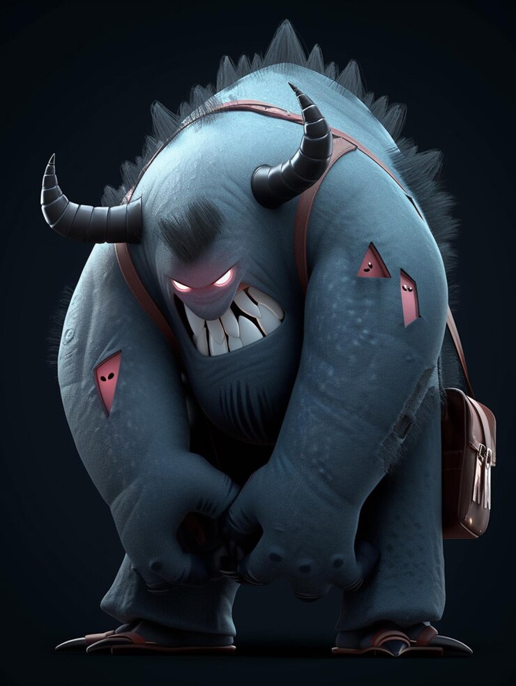 Foto há um monstro muito fofo com chifres grandes e uma mochila generativa ai