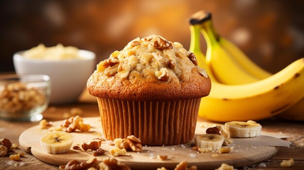 Foto há um muffin com nozes e bananas em uma tábua generativa ai