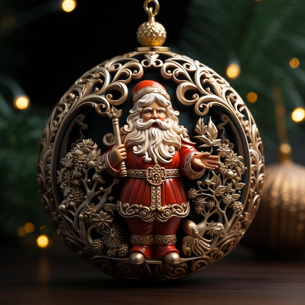 Há um ornamento de ouro com uma cláusula de Papai Noel nele.