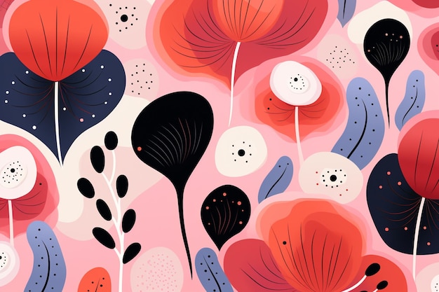 Foto há um padrão de flores e folhas em um fundo rosa generativo ai
