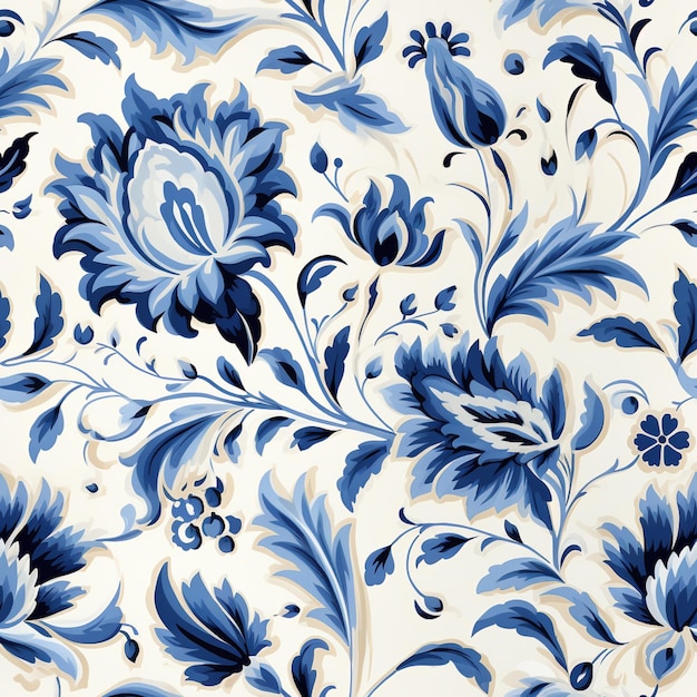 há um padrão floral azul e branco em um fundo branco ai generativo