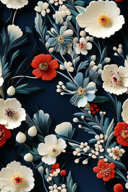 Há um padrão floral muito bonito em um fundo azul generativo ai