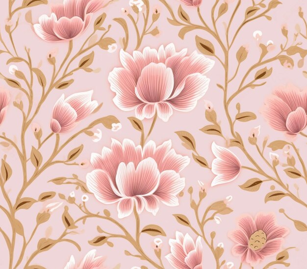 há um padrão floral rosa e dourado em um fundo rosa generativo ai