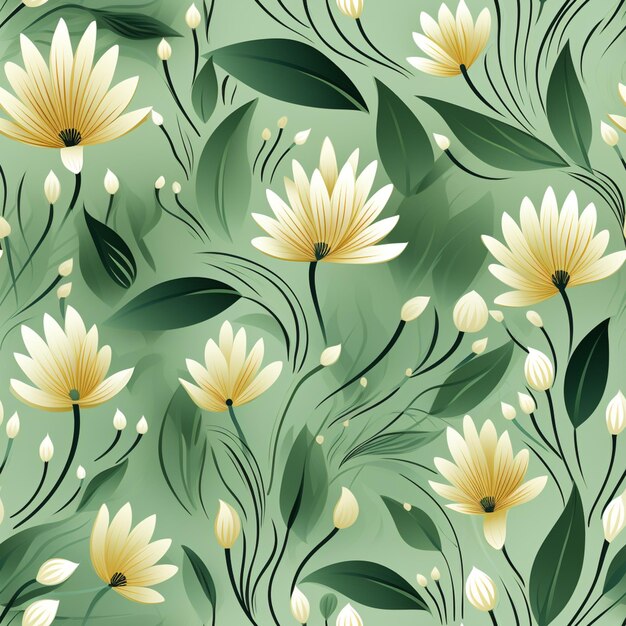 Há um padrão floral verde e branco com folhas e flores generativas ai
