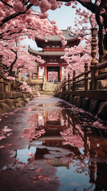 há um pagode ao fundo com flores rosa no chão generativo ai