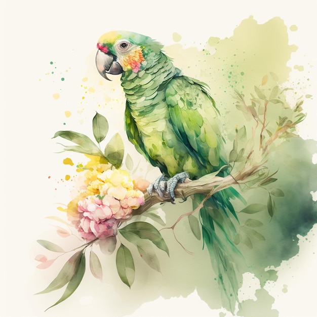Há um papagaio verde sentado num ramo com flores generativas.