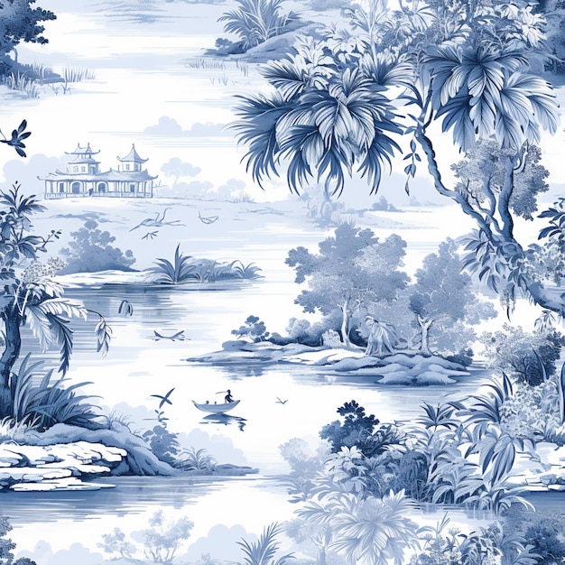 há um papel de parede azul e branco com um rio e árvores generativas ai