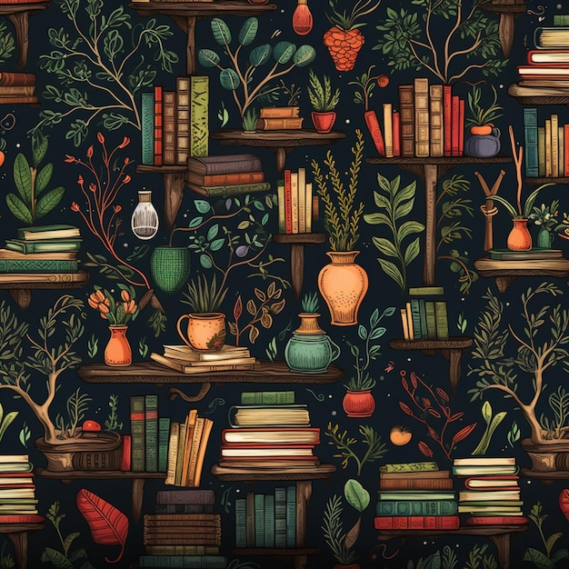 Foto há um papel de parede com livros e plantas ai generativo